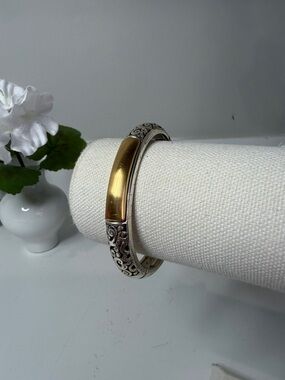 BRIGHTON Gold and Silver Two-Tone Filigree Hinged Bangle Bracelet